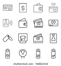 Thin line icon set : card, receipt, wallet, tap to pay, pass, credit, label, atm, identity, do not distrub, sheep, please clean