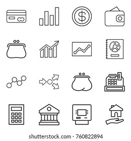 Thin line icon set : card, graph, dollar, wallet, purse, diagram, statistics, annual report, core splitting, cashbox, calculator, library, atm, housing
