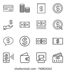 Thin line icon set : card, coin stack, receipt, dollar, investment, money, arrow, message, mobile pay, wallet, atm, credit