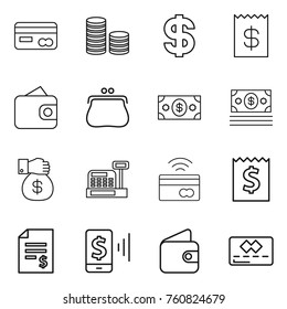 Thin line icon set : card, coin stack, dollar, receipt, wallet, purse, money, gift, cashbox, tap to pay, account balance, mobile, credit