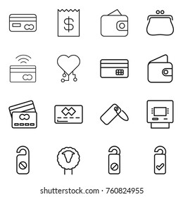Thin line icon set : card, receipt, wallet, purse, tap to pay, cardio chip, credit, label, atm, do not distrub, sheep, please clean