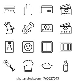 Thin line icon set : card, shopping bag, credit, cleanser, nipple, identity, power socket, switch, window, blender, foam bucket, basin, toilet