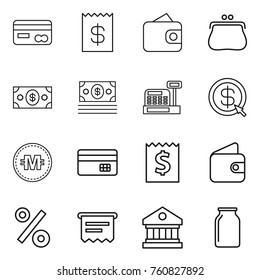 Thin line icon set : card, receipt, wallet, purse, money, cashbox, dollar arrow, crypto currency, credit, percent, atm, library, bank