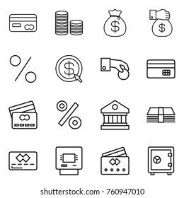 Thin line icon set : card, coin stack, money bag, gift, percent, dollar arrow, hand, credit, library, atm, safe