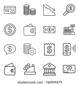 Thin line icon set : card, coin stack, crisis, dollar magnifier, wallet, money, cashbox, message, virtual mining, receipt, mobile pay, library, credit