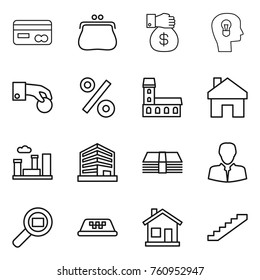 Thin line icon set : card, purse, money gift, bulb head, hand coin, percent, mansion, home, city, office, client, cargo search, taxi, stairs