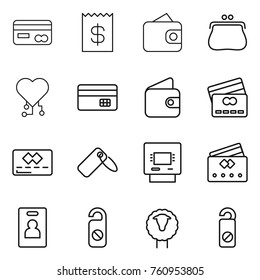 Thin line icon set : card, receipt, wallet, purse, cardio chip, credit, label, atm, identity, do not distrub, sheep