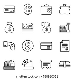 Thin line icon set : card, dollar, wallet, purse, money bag, gift, cashbox, hand coin, credit, account balance, atm receipt