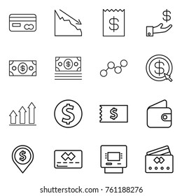 Thin line icon set : card, crisis, receipt, investment, money, graph, dollar arrow, up, coin, wallet, pin, credit, atm
