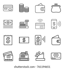 Thin line icon set : card, coin stack, wallet, purse, money, cashbox, tap to pay, phone, receipt, mobile, credit