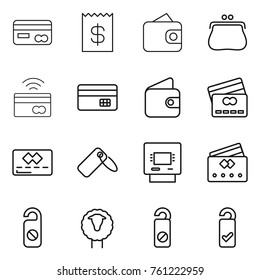 Thin line icon set : card, receipt, wallet, purse, tap to pay, credit, label, atm, do not distrub, sheep, please clean