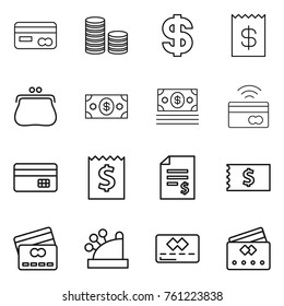 Thin line icon set : card, coin stack, dollar, receipt, purse, money, tap to pay, credit, account balance, cashbox