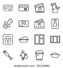 Thin line icon set : card, credit, cleanser, nipple, identity, power socket, washing, window, blender, trash, foam bucket, basin