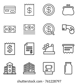 Thin line icon set : card, receipt, dollar, purse, money, arrow, hand coin, account balance, cashbox, atm, building, office, bank