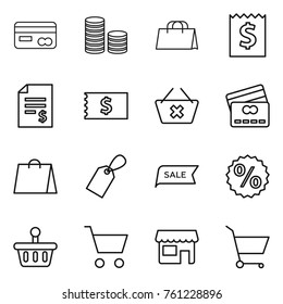 Thin line icon set : card, coin stack, shopping bag, receipt, account balance, delete cart, credit, label, sale, percent, basket, shop