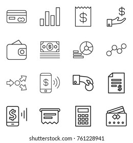 Thin line icon set : card, graph, receipt, investment, wallet, money, diagram, core splitting, phone pay, hand coin, account balance, mobile, atm, calculator, credit