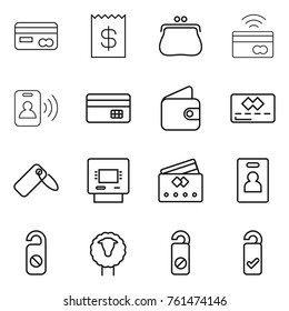 Thin line icon set : card, receipt, purse, tap to pay, pass, credit, wallet, label, atm, identity, do not distrub, sheep, please clean