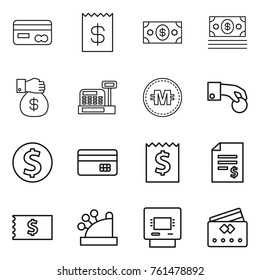 Thin line icon set : card, receipt, money, gift, cashbox, crypto currency, hand coin, dollar, credit, account balance, atm