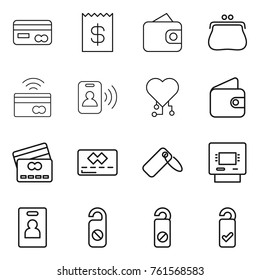 Thin line icon set : card, receipt, wallet, purse, tap to pay, pass, cardio chip, credit, label, atm, identity, do not distrub, please clean