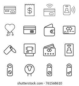 Thin line icon set : card, receipt, tap to pay, pass, cardio chip, credit, wallet, label, atm, identity, do not distrub, sheep, please clean