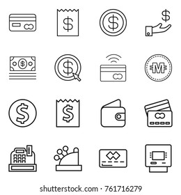 Thin line icon set : card, receipt, dollar, investment, money, arrow, tap to pay, crypto currency, coin, wallet, credit, cashbox, atm