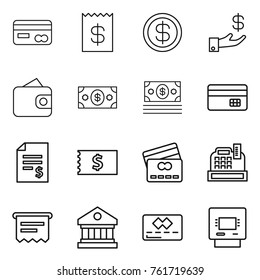 Thin line icon set : card, receipt, dollar, investment, wallet, money, credit, account balance, cashbox, atm, library