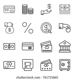 Thin line icon set : card, coin stack, investment, money, gift, percent, dollar arrow, hand, credit, library, atm, safe