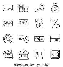 Thin line icon set : card, coin stack, investment, money bag, gift, percent, dollar arrow, hand, credit, library, atm, safe