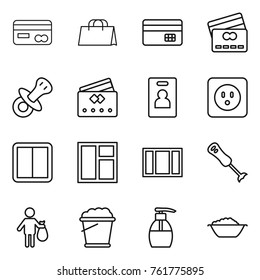 Thin line icon set : card, shopping bag, credit, nipple, identity, power socket, switch, window, blender, trash, foam bucket, liquid soap, basin
