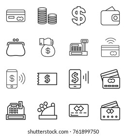 Thin line icon set : card, coin stack, dollar, wallet, purse, money gift, cashbox, tap to pay, phone, receipt, mobile, credit