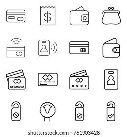 Thin line icon set : card, receipt, wallet, purse, tap to pay, pass, credit, identity, do not distrub, sheep, please clean