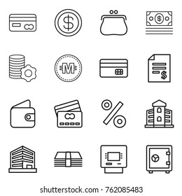 Thin line icon set : card, dollar, purse, money, virtual mining, crypto currency, credit, account balance, wallet, percent, building, office, atm, safe