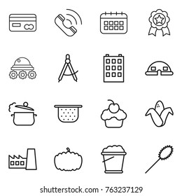 Thin line icon set : card, call, calendar, medal, lunar rover, draw compass, building, dome house, steam pan, colander, cupcake, corn, factory, pumpkin, foam bucket, duster