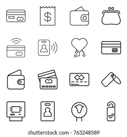 Thin line icon set : card, receipt, wallet, purse, tap to pay, pass, cardio chip, credit, label, atm, identity, sheep, please clean