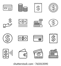 Thin line icon set : card, coin stack, receipt, dollar, investment, money, cashbox, message, credit, mobile pay, wallet