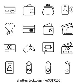 Thin line icon set : card, wallet, purse, pass, cardio chip, credit, label, atm, identity, do not distrub, please clean