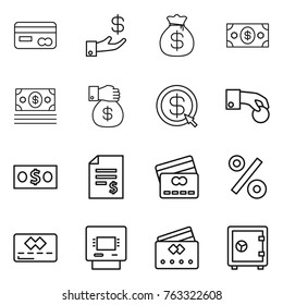 Thin line icon set : card, investment, money bag, gift, dollar arrow, hand coin, account balance, credit, percent, atm, safe