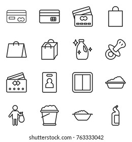 Thin line icon set : card, credit, shopping bag, cleanser, nipple, identity, power switch, washing, trash, foam bucket, basin, toilet