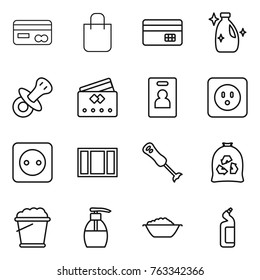 Thin line icon set : card, shopping bag, credit, cleanser, nipple, identity, power socket, window, blender, garbage, foam bucket, liquid soap, basin, toilet