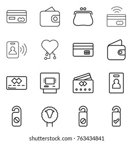 Thin line icon set : card, wallet, purse, tap to pay, pass, cardio chip, credit, atm, identity, do not distrub, sheep, please clean