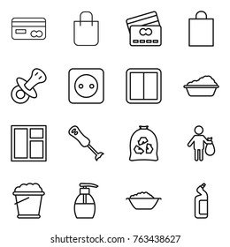 Thin line icon set : card, shopping bag, credit, nipple, power socket, switch, washing, window, blender, garbage, trash, foam bucket, liquid soap, basin, toilet cleanser
