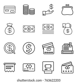 Thin line icon set : card, coin stack, investment, purse, money bag, gift, dollar arrow, credit, cashbox, atm receipt