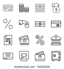 Thin line icon set : card, coin stack, money, gift, percent, hand, credit, account balance, library, atm, safe