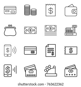 Thin line icon set : card, coin stack, receipt, wallet, purse, money, cashbox, phone pay, credit, account balance, mobile