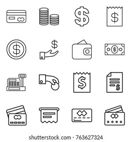 Thin line icon set : card, coin stack, dollar, receipt, investment, wallet, money, cashbox, hand, account balance, credit, atm