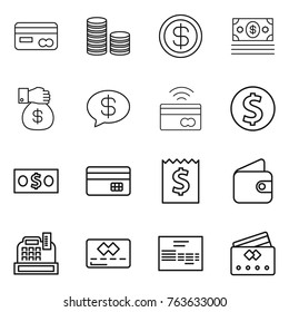 Thin line icon set : card, coin stack, dollar, money, gift, message, tap to pay, credit, receipt, wallet, cashbox, invoice
