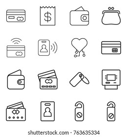 Thin line icon set : card, receipt, wallet, purse, tap to pay, pass, cardio chip, credit, label, atm, identity, do not distrub