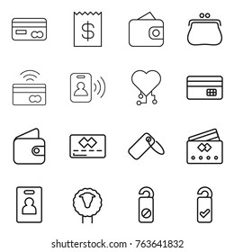 Thin line icon set : card, receipt, wallet, purse, tap to pay, pass, cardio chip, credit, label, identity, sheep, do not distrub, please clean