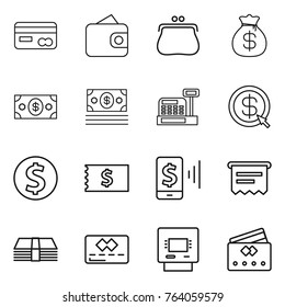 Thin line icon set : card, wallet, purse, money bag, cashbox, dollar arrow, coin, receipt, mobile pay, atm, credit