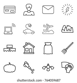 Thin line icon set : card, woman, mail, lightning, notebook wireless, electric car, weather management, project, block wall, home, flour, fork, pumpkin, blower, hard reach place cleaning, wiping
